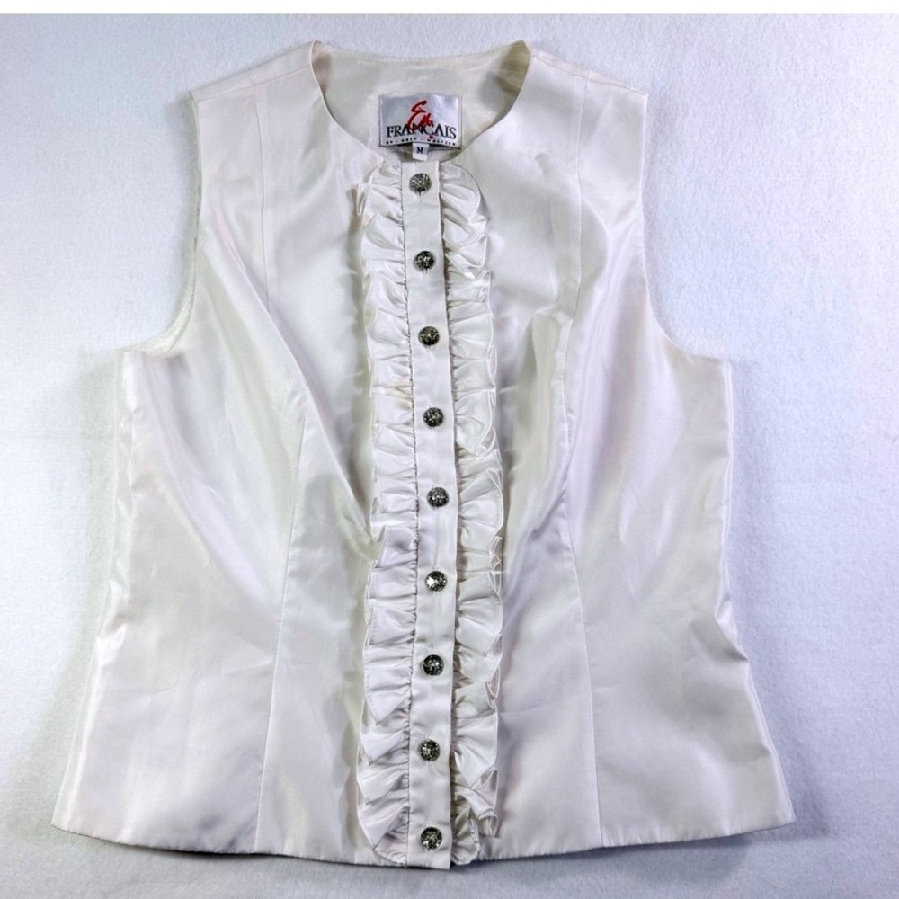 Vintage 90s White Satin Ruffle Rhinestone Tuxedo Vest M En Francais Huey - Picture 2 of 12
